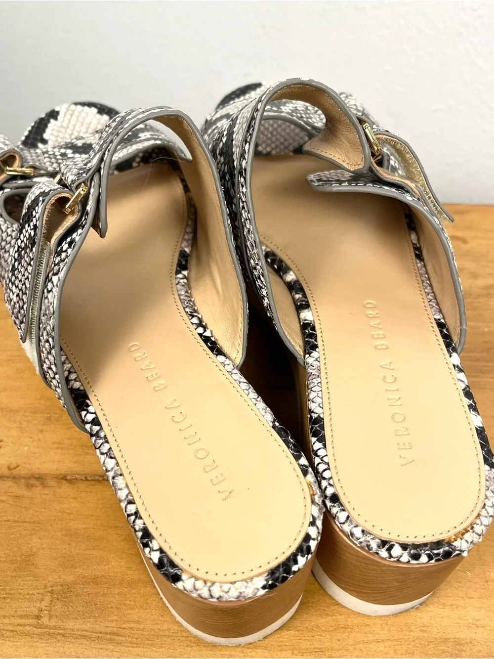 Veronica Beard 8 Welda Snake-Print Platform Wedge Slide Sandals Black & Gray